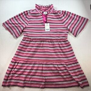 Tuckernuck Pink Multi Stripe Textured Knit Tiered Ruffle Neck Dress Medium NWT